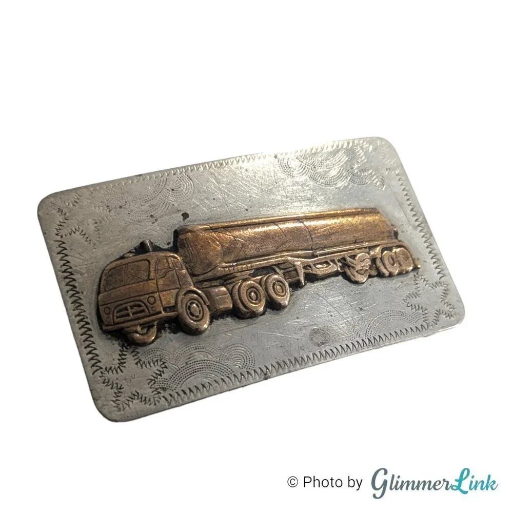 Vintage 18 Wheeler Fuel Truck Two Tone Nickel Silver Belt Buckle